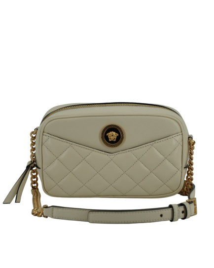 Versace White Lamb Leather Small Camera Crossbody Bag
