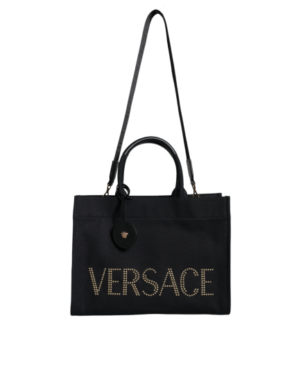 Versace Black Top Handle Canvas Leather Logo Crossbody Tote Bag