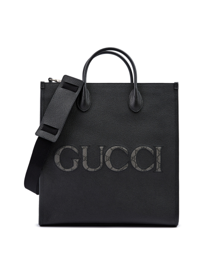 Gucci Black Leather Logo Medium Tote Bag