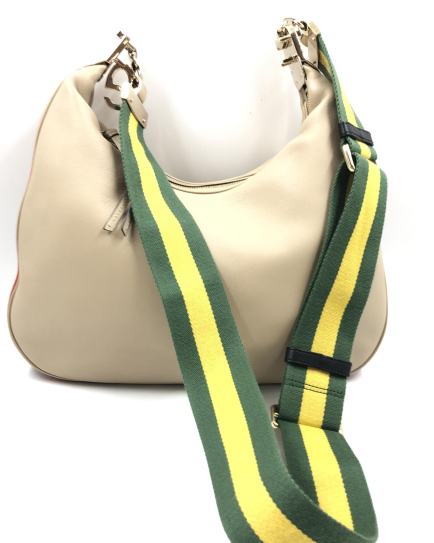 Gucci PRE-OWNED Aria Calfskin Web Large Attache Shoulder Bag Beige