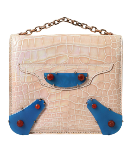 Balenciaga Beige Blue Agate Exotic Leather Gold Chain Purse Bag