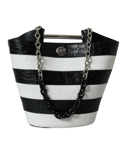 Balenciaga Black White Striped Exotic Skin Leather Maxi Bucket Tote Bag